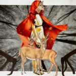 A surreal artistic collage featuring a woman in red surrounded by deer against a backdrop of bare tree branches, illustrating themes of transformation and wilderness connection from the magical realist short story "The Roar"